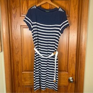 Lauren Ralph Lauren Blue and White Stripe Sheath Midi Dress Coastal w Waist Belt